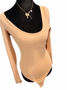 aerie Ribbed Scoop Neck Long Sleeve Bodysuit - beige/ tan